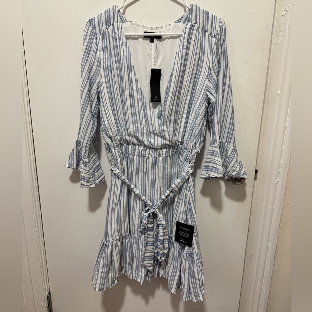 Lulus Blue and White Striped Wrap Dress with Bell Sleeves - Picture 5 of 7